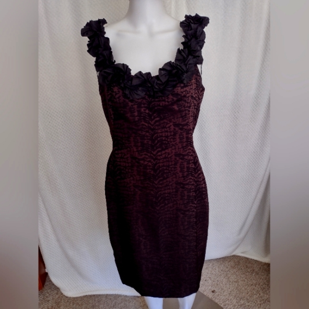 Maggie London Black/Brown Scoop Ruffled Neckline Bodycon Cocktail Dress